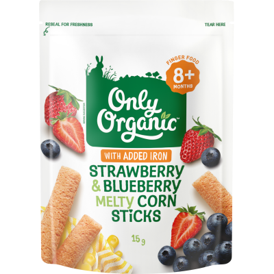 Only Organic Strawberry & Blueberry Melty Corn Sticks 8+ Months 15g