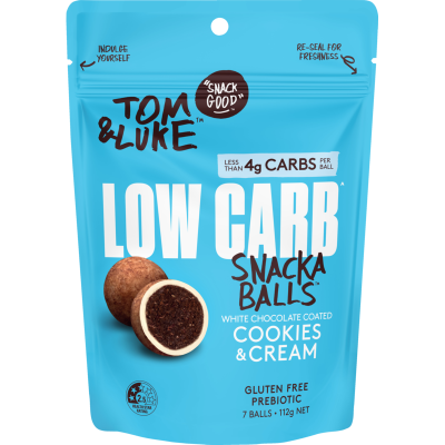 Tom & Luke White Chocolate Coated Cookie & Cream Low Carb Snackaballs 112g