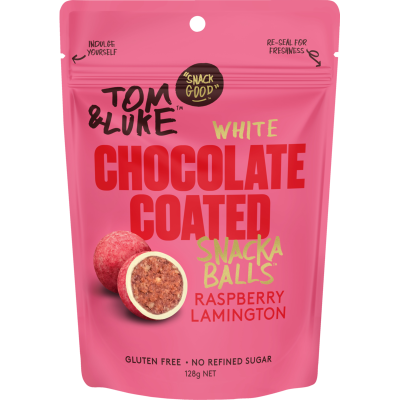 Tom & Luke White Chocolate Coated Raspberry Lamington Snackaballs 128g