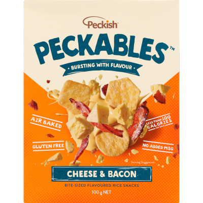 Peckish Peckables Cheese & Bacon Bite-Sized Flavoured Rice Snacks 100g