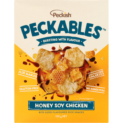 Peckish Peckables Honey Soy Chicken Bite-Sized Flavoured Rice Snacks 100g
