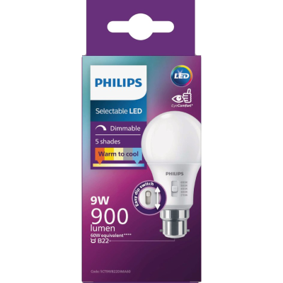 Philips Selectable LED Dimmable 5 Shades 9W 900 Lumen Bayonet Bulb 1pk