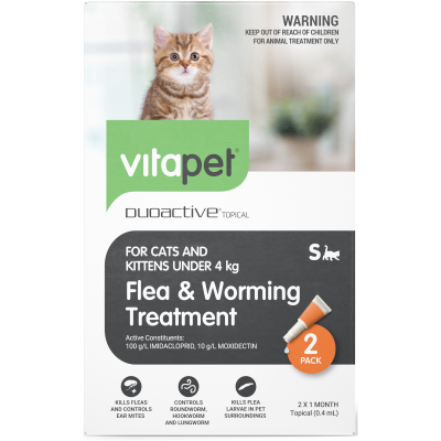 VitaPet Duoactive Topical Flea & Worming Treatment Cats & Kittens Under 4kg 2pk