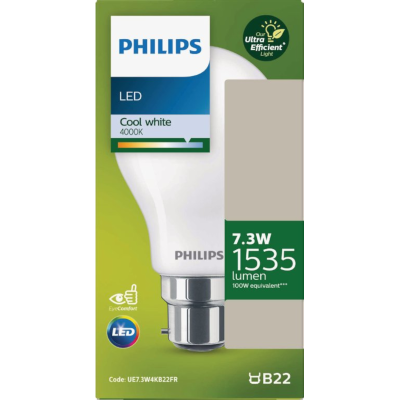Philips LED Ultra Efficient Cool White 4000K 7.3W 1535 Lumen Bayonet Bulb 1pk