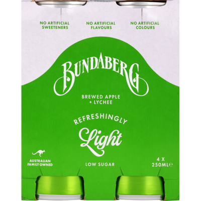 Bundaberg Refreshingly Light Apple & Lychee Soft Drink 4 x 250ml