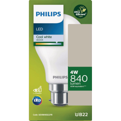 Philips LED Ultra Efficient Cool White 4000K 4W 840 Lumen Bayonet Bulb 1pk
