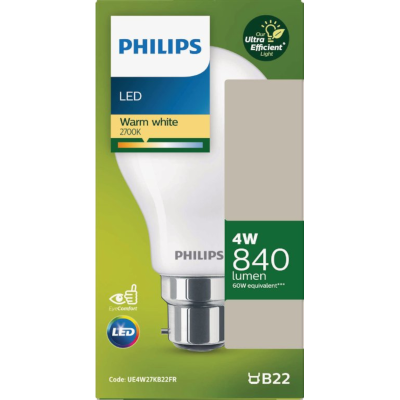 Philips LED Ultra Efficient Warm White 2700K 4W 840 Lumen Bayonet Bulb 1pk