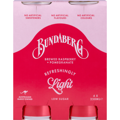 Bundaberg Refreshingly Light Raspberry & Pomegranate Soft Drink 4 x 250ml