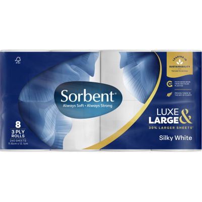 Sorbent Luxe & Large Silky White 3 Ply Toilet Rolls 8 x 240 sheets
