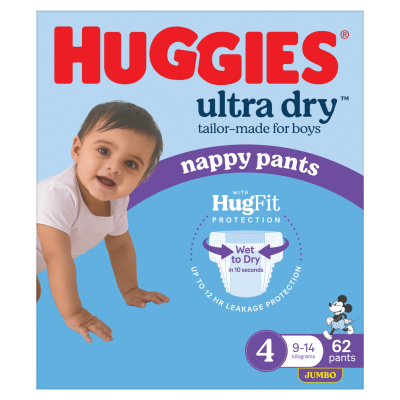 Huggies Ultra Dry Nappy Pants Toddler Boy Size 4 9-14kg 62pk