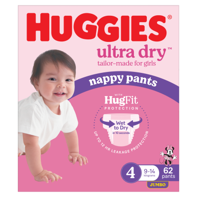 Huggies Ultra Dry Nappy Pants Toddler Girl Size 4 9-14kg 62pk