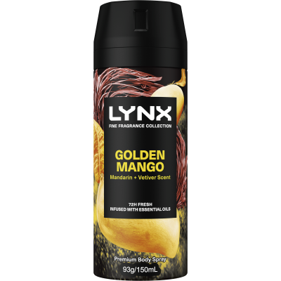 Lynx Golden Mango Mandarin + Vetiver Scent 48hr Deodorant Antiperspirant Body Spray 150ml