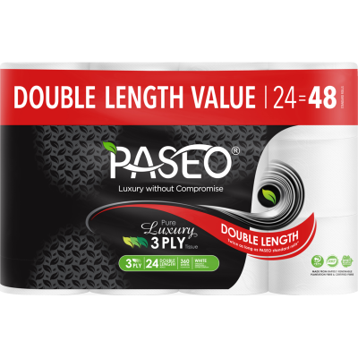 Paseo Pure Luxury 3 Ply Double Length Toilet Rolls 8640 sheets