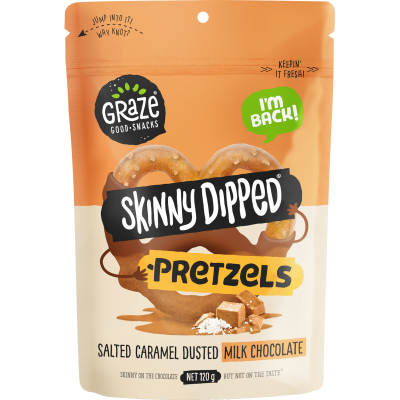 Graze Skinny Dipped Salted Caramel Dusted Milk Choc Pretzels 120g