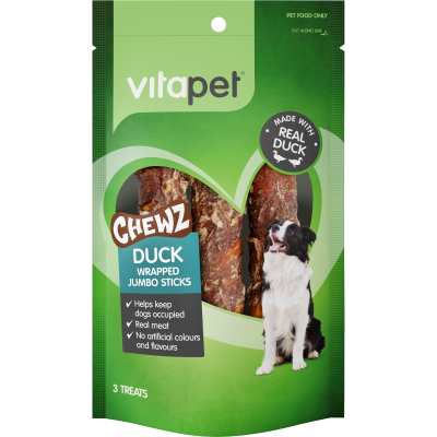 VitaPet Jumbo Duck Wrapped Stick Chewz Pet Treat 3pk