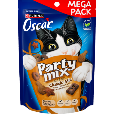 Purina Oscar Party Mix Classic Mix Tuna Chicken and Bonito Flavours Cat Treats 160g