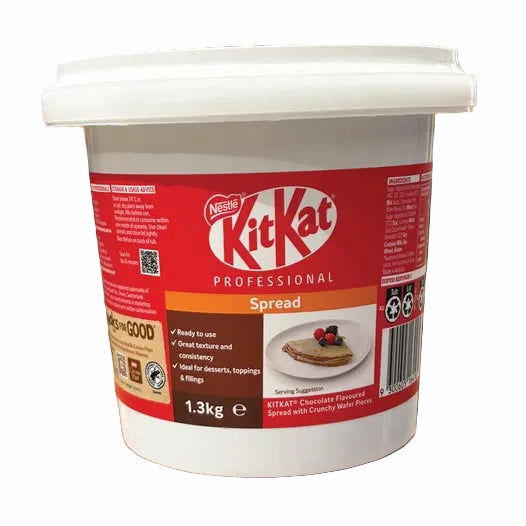 KitKat Professional Spread container held in a hand with a warehouse background