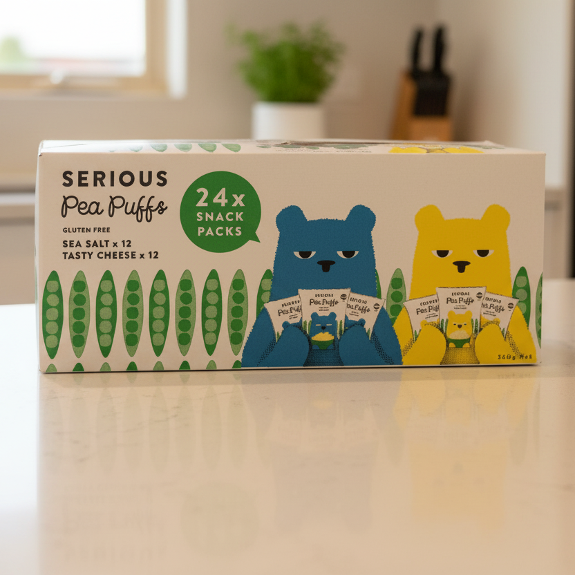 Box of Serious Pea Puffs on a kitchen counter with bears on the packaging.
