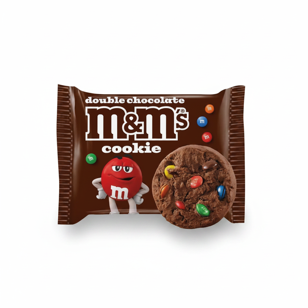 Double chocolate M&M's cookie package with a yellow background