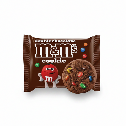 Double chocolate M&M's cookie package with a yellow background