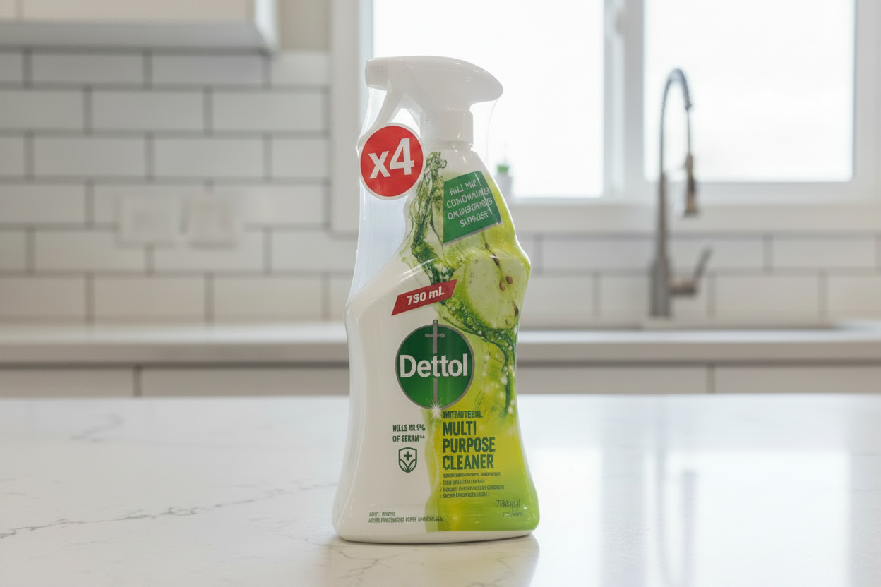 Dettol multi-purpose cleaner bottle on a kitchen counter