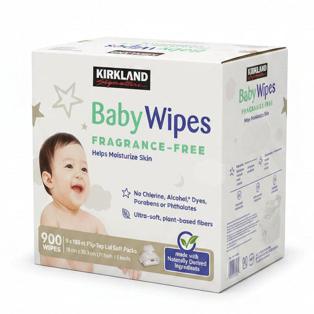 Box of Kirkland Signature baby wipes with a child's face on it, displayed in a store setting.
