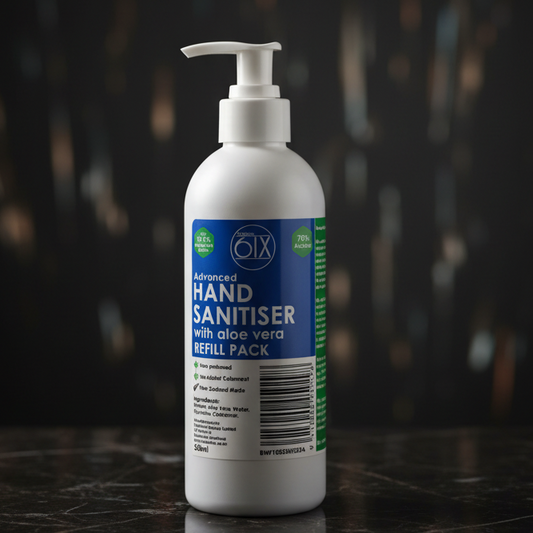 Hand sanitizer bottle on a dark surface with a blurred background
