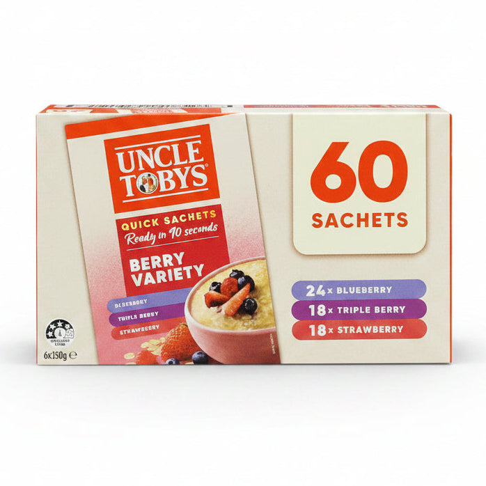 Box of Uncle Toby's berry variety quick sachets on a white background