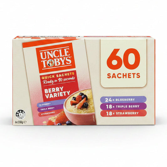 Box of Uncle Toby's berry variety quick sachets on a white background