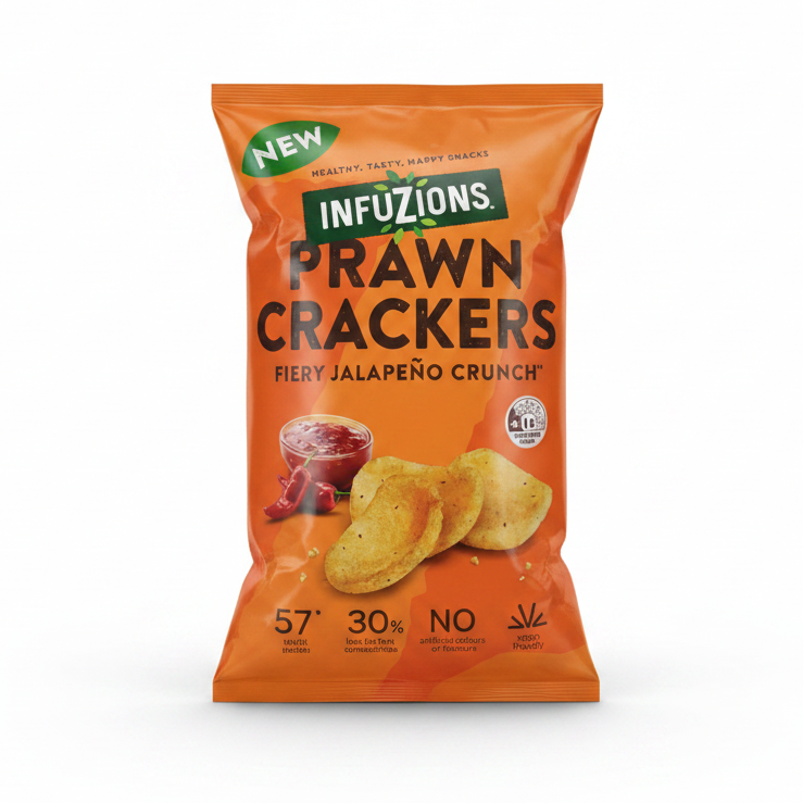 A bag of Infuzions Prawn Crackers (Pierf Jalapeño Crunch) on a clean white background. The packaging is bright orange with a green and white logo, showing illustrations of golden-brown prawn crackers and a jar of red sauce.