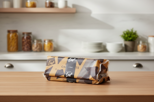 Packaged product on a kitchen counter with jars and plants in the background