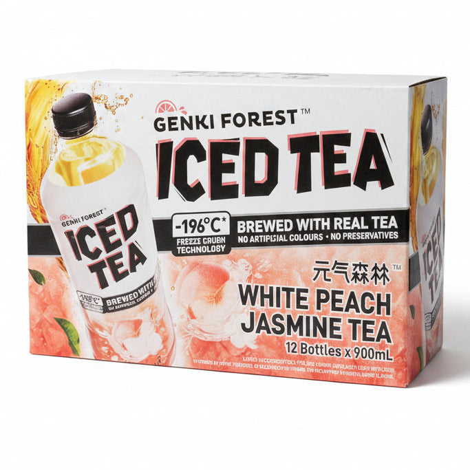 Box of Genki Forest White Peach Jasmine Iced Tea on a white background