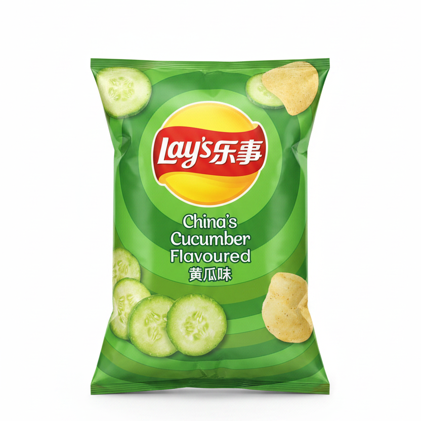 Lay's Cucumber Flavored chips packet on a white background
