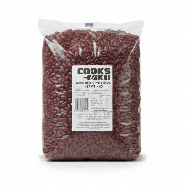 Bag of Cooks & Co. dark red kidney beans on a white background