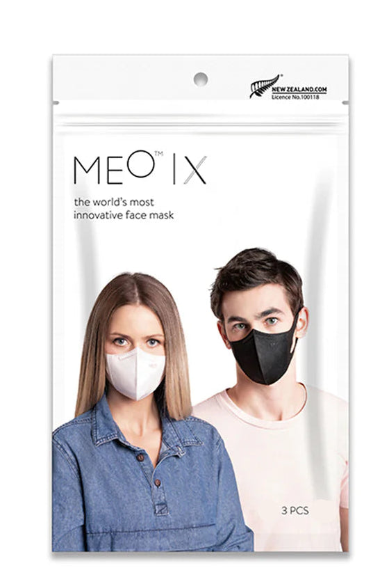 Packaging of MEO IX face masks with two people wearing masks on a white background