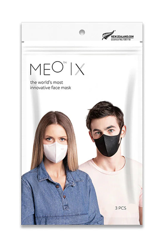 Packaging of MEO IX face masks with two people wearing masks on a white background
