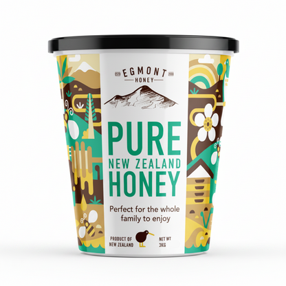 A plastic container of Egmont Pure New Zealand Honey with a colorful label featuring images of bees, flowers, and mountains.